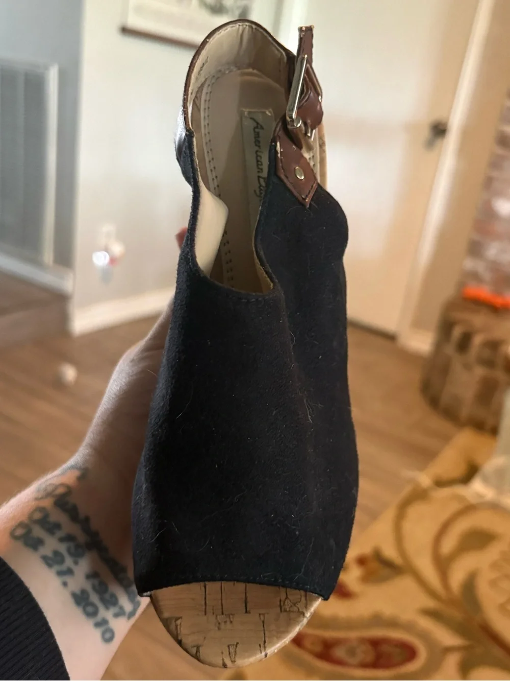 American Eagle By Payless Black Suede Cork Wedge Sandals